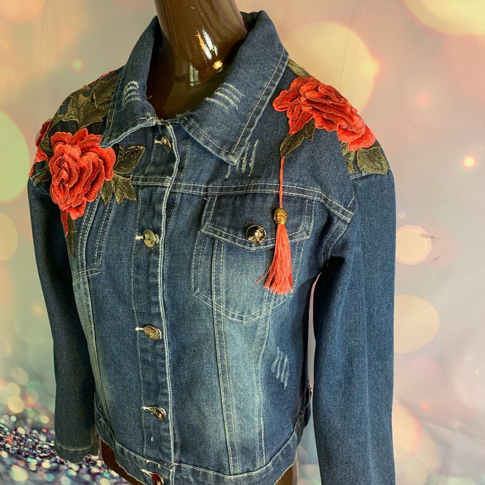Embroidered 3D Rose Denim Jacket